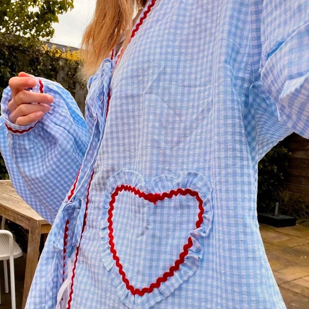 Med. Light Blue Med Gingham Long Sleeve Tie-Front Top with Red Heart Trim - Picture 4 of 6